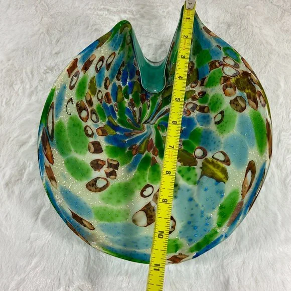 Vintage Mid century  Murano Italian Colorful Confetti Glass Bowl Teal Silver - Picture 10 of 12
